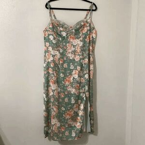 Green Floral Satin Lace Fairycore Feminine Romantic Casual Summer Slip Dress
